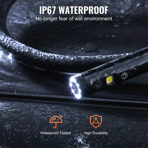 Pro Grade Endoscope Camera With Light Featuring Triple Lens For Clear Real World Inspection, 5 Inch Screen 1080P, 8 Plus 2 LED Lights With Adjustable Brightness, IP67 Waterproof Snake Camera For Automotive And Plumbing, 16.4 Foot Cable And 32GB Card. IP67 waterproof triple-lens snake camera tip in wet inspection