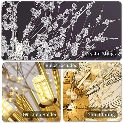 Detailed view of Gold Crystal Sputnik Ceiling Light Fixture Nine Light Pendant for modern decor, showing crystal strings and gold plating.