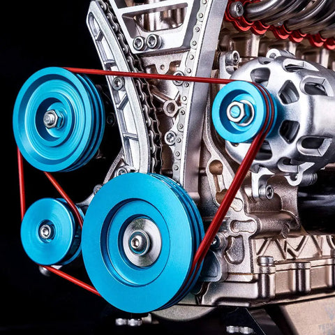 4 Cylinder Metal Engine Model Kit That Actually Works With 325 Precision Parts For DIY Car Engine Build Perfect For Gearheads And Science Buffs Aluminum Finish DM13 close-up blue pulleys and red belt