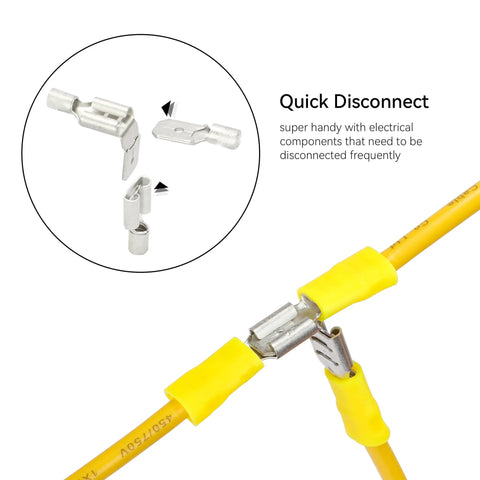 100 Pack Yellow Insulated Female Spade Connectors Kit For 12-10 AWG Wire One Quarter Inch Quick Disconnects close-up view