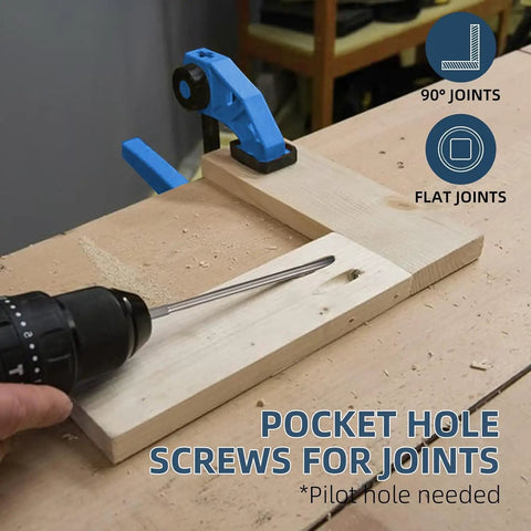 Drill demonstrating pocket hole screws size eight by one and a quarter inch five hundred pack blue exterior wood screws with square drive