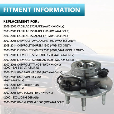 Front Wheel Bearing Hub Assembly 4WD Compatible With GM Trucks And SUVs Including Silverado Tahoe Avalanche Suburban Express