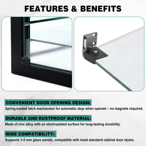 Features of Bulk Pack 8 Frameless Glass Door Hinges With Screws Black No Drill 90 Degree Replacement Hinges for 3-5mm glass