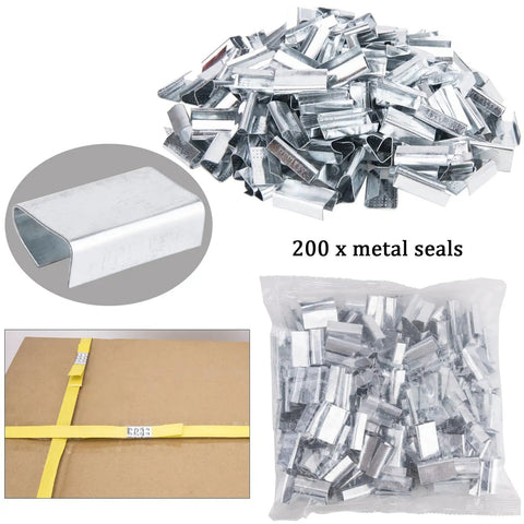200 metal seals for secure bundling included in the All‑In‑One Pallet Strapping Kit With Poly Strapping Bundle Tool And Sealer.