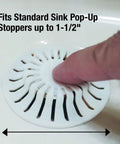 White Two Pack Bathroom Sink Hair Catcher With Heavy Duty Suction Cup For Pop Up Drains And One Inch Stopper fitting standard sink pop-up stoppers.