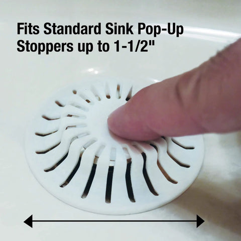 White Two Pack Bathroom Sink Hair Catcher With Heavy Duty Suction Cup For Pop Up Drains And One Inch Stopper fitting standard sink pop-up stoppers.