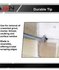 Carbide Tip Grout Removal Hand Tool With Soft Grip Reversible Triangle Blade For Detail Work In Tight Spots in use
