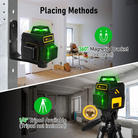 360 Degree Self Leveling Laser Level With 12 Lines And 3D Self Leveling Tech on stand and bracket, indoors view