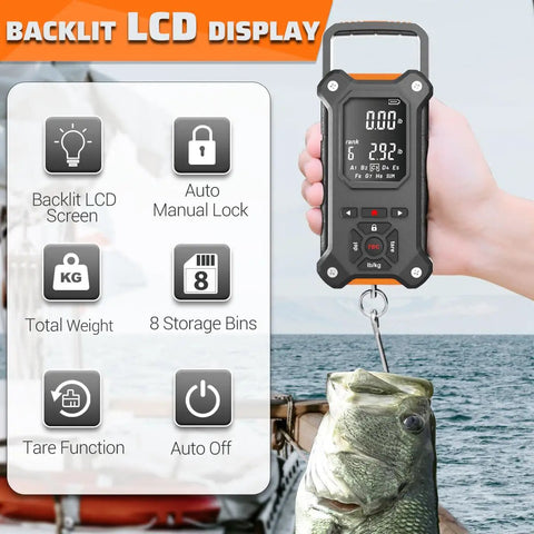 Tournament-Ready Digital Fishing Scale With Auto Rank And 8 Storage Slots, Lip Gripper, displaying fish weight on boat
