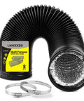 4 Inch Flexible Dryer Vent Hose With Four Layer Protection 8 Ft Long Heavy Duty Duct Built Tough For Max Airflow Leak Resistant Aluminum Foil PVC PET Film Ideal For Home Drying Heating And Ventilation Includes Two Clamps, shown with two metal clamps.