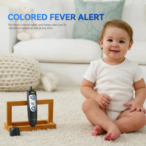 Infrared Ear and Forehead Thermometer for Adults and Kids, 1 Second Readings, No Fuss Quick Temperature Check, Easy Celsius or Fahrenheit Switch, Black Digital Thermometer for Home Use, black handheld thermometer beside baby