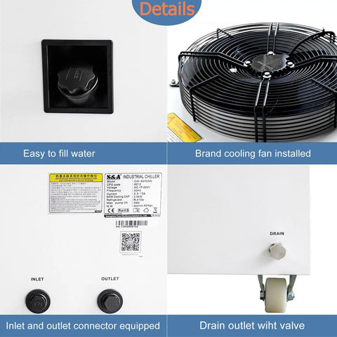 Heavy Duty Industrial Water Chiller With 1.15 Hp Pump And 18.5 Gpm Flow for CO2 Lasers Plus CNC Spindles and UV Printers showing water inlet and cooling fan.