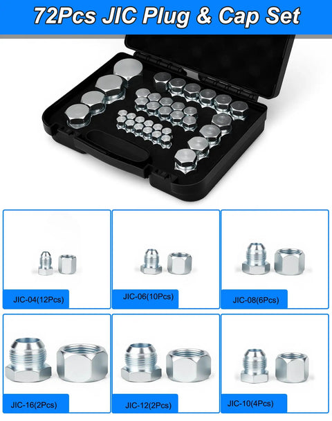 72Pcs JIC Plug And Cap Kit 37 Degree Flare Fittings Set for Hydraulic Hose and Pipe End Protection, Industrial Repair Sizes