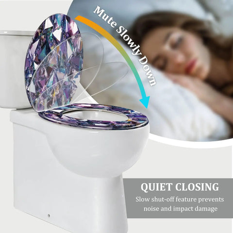 Elongated Toilet Seat Quiet Close Bathroom with slow-close feature, decorative design, and fits standard toilets.