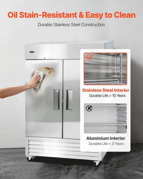 Heavy Duty Stainless Steel Upright Freezer 54 Inches Wide 44 Cubic Feet with a person cleaning its shiny surface.
