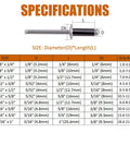 Specifications chart for Tough As Nails Aluminum Blind Rivets 100 Pack One Eighth Inch By One Quarter Inch Grip Black Coated Pop Rivets 3.2 By 6mm For Metalwork Auto And DIY Projects Home Improvement And General Repairs, showing sizes and dimensions.