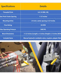 Specifications table and installed manual hydraulic multiplier with SCV splitter diverter valve couplers and AG fittings for 20 GPM flow at 3000 PSI max.