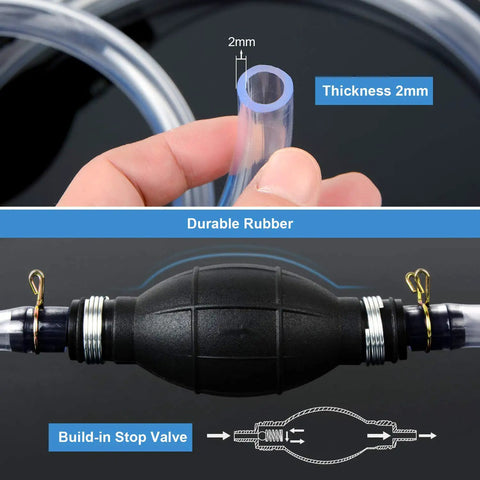 Fast Action Quick Start Siphon Transfer Kit For Gasoline Diesel Water And More, Manual Tube Pump shows 2mm PVC hose and rubber bulb