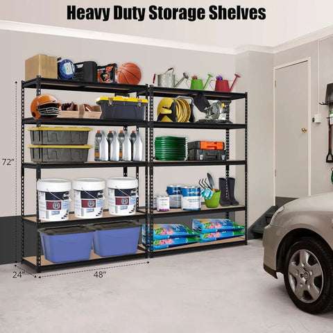 Heavy Duty Five Tier Metal Shelving Unit 48 By 24 By 72 Inches Industrial Storage Rack filled with organized tools and supplies.