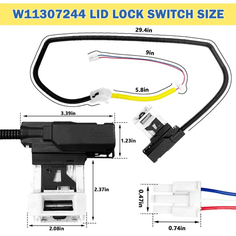 Rugged Washer Lid Lock Assembly Replacement For Whirlpool Maytag Kenmore W11307244 W10682535 with detailed measurements and connectors.