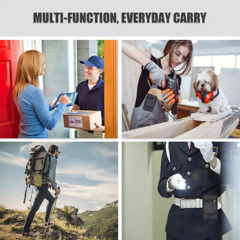 Collage: person accepting package, woman with dog crafting, hiker on trail, professional with flashlight using Dual Phone Holster For Work And Outdoors, Large Smartphone Pouch With Belt Clip Tool Pouch, Durable Nylon Tactical Cellphone Holder For Hiking, Camping, Barbecue, Rescue And More, Extra Large XL.