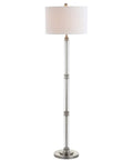 60 Inch Polished Nickel And Clear Glass Floor Lamp With White Linen Round Shade, Transitional Iron Standing Light For Your Living Room