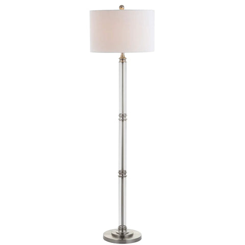 60 Inch Polished Nickel And Clear Glass Floor Lamp With White Linen Round Shade, Transitional Iron Standing Light For Your Living Room