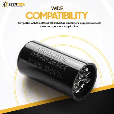 Universal Fit 53 64 uF Motor Start Capacitor 220 250V AC 50 60 Hz Round CD60 product display with compatibility text
