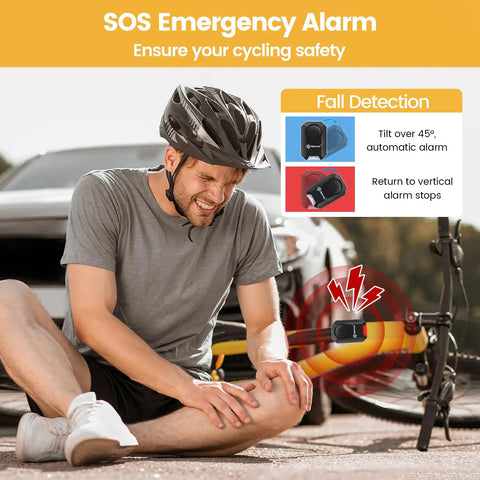 Man sitting by fallen bike with Wireless Bike Alarm With Remote For Your Ride, 135dB Anti Theft Security Alarm For Bikes, Motorcycles And E-Scooters, Waterproof IPX5, Easy Install, Multi Purpose Alarm For Home Door And Window Protection showing fall detection feature