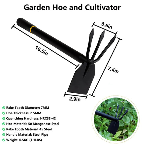Heavy Duty Garden Hoe And Cultivator Hand Tool For Weeding Planting Loosening Soil And Digging Thickened Manganese Steel No Assembly Required Durable Ergonomic Garden Tool For Quick Easy Yard Work with dimensions and specs displayed.