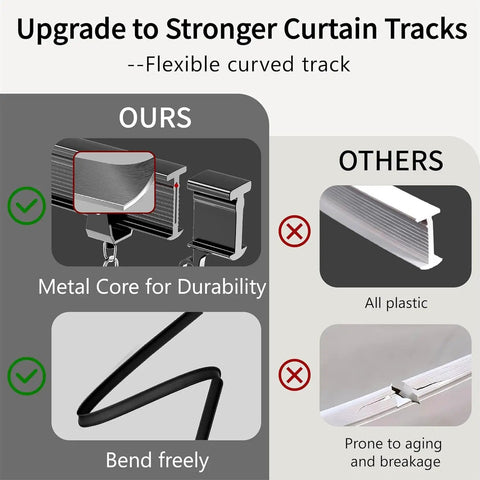 Flexible Ceiling Curtain Track System For Home And RV Dope Bendable Curtain Rail Mount That Supports Room Dividers, Bunk Beds, And Curved Layouts, 9.8 Ft Long Black Quick Install With Sleek Unobtrusive Look. metal core bendable track shown with plastic track comparison