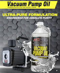 Heavy Duty Synthetic Vacuum Pump Oil Built For Hvac Crews Demanding Zero Mist features a bottle and pump with splashing oil.