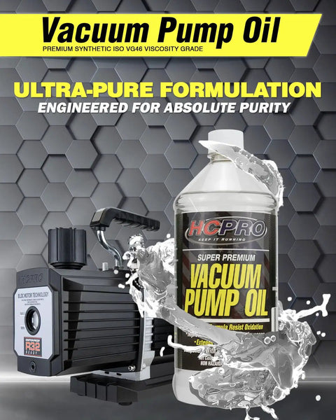 Heavy Duty Synthetic Vacuum Pump Oil Built For Hvac Crews Demanding Zero Mist features a bottle and pump with splashing oil.