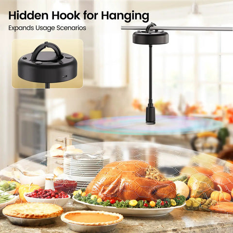 Portable Tabletop Fly Fans 4 Pack With 2000mAh Rechargeable Battery Power, Runs Up To 20 Hours And Features LED Battery Display over a table of food