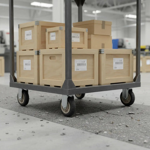 Heavy Duty Swivel Plate Caster Built Like A Tank Replacement Caster Wheel for Industrial Hand Trucks and Warehouse Dollies on cart with wooden boxes