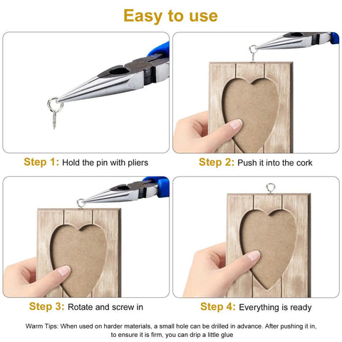 Step-by-step guide using All Purpose Screw Eye Pins Set For Jewelry Making, 700Pcs, in wooden frame, demonstrating ease of use.