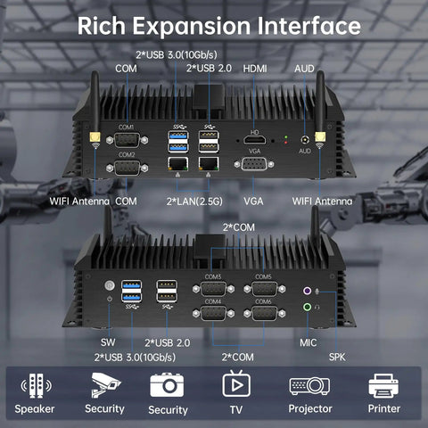 Rich expansion interface showing ports and connections for Beat The Heat Industrial Fanless Mini PC with Intel Core i3 8130U.
