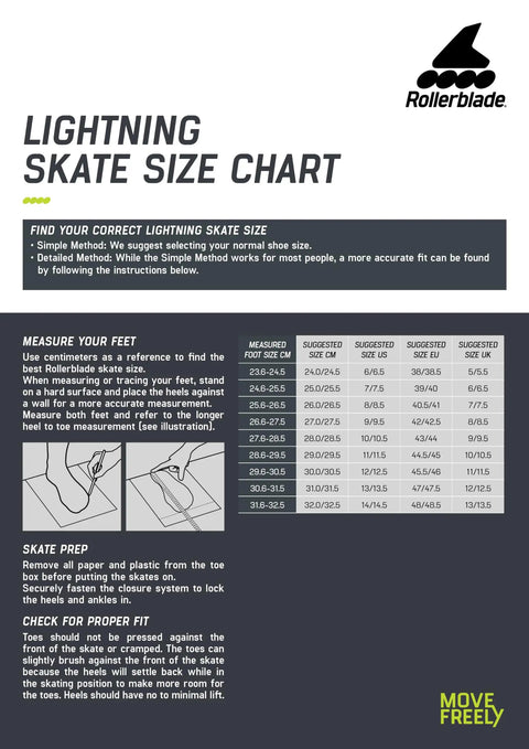 Lightning 90 Men's Urban Inline Skate size chart with measurement guide, anthracite and taupe.