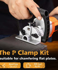 Handheld chamfer tool in orange and black being used to bevel a metal plate on a silver base with clamps.