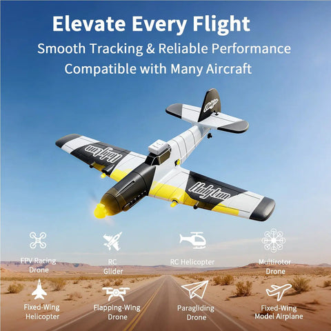 FAA Compliant Remote ID Module With Buzzer And Strobe For Drones GPS Tracking; model airplane flying over desert road.