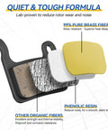 High Performance Mountain Bike Disc Brake Pad Set showing layered materials: brass fibers, phenolic resin, and organic fibers