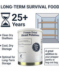 Freeze Dried Diced Potatoes 32 Oz Ready To Eat Survival Food For Emergency Prepper Gear Camping Hiking And Long Term Storage With 25 Plus Year Shelf Life Fully Cooked can with shelf life and storage instructions