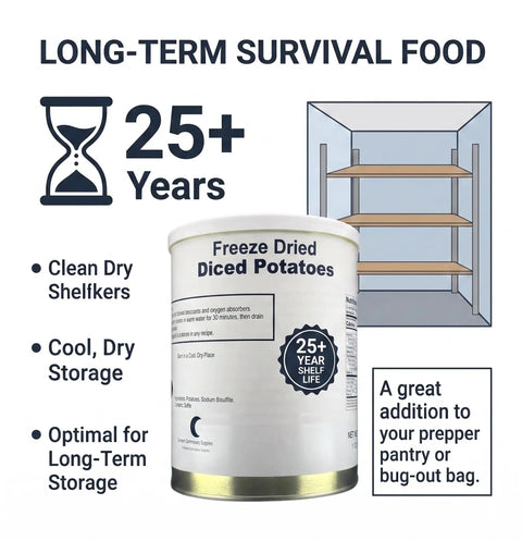 Freeze Dried Diced Potatoes 32 Oz Ready To Eat Survival Food For Emergency Prepper Gear Camping Hiking And Long Term Storage With 25 Plus Year Shelf Life Fully Cooked can with shelf life and storage instructions
