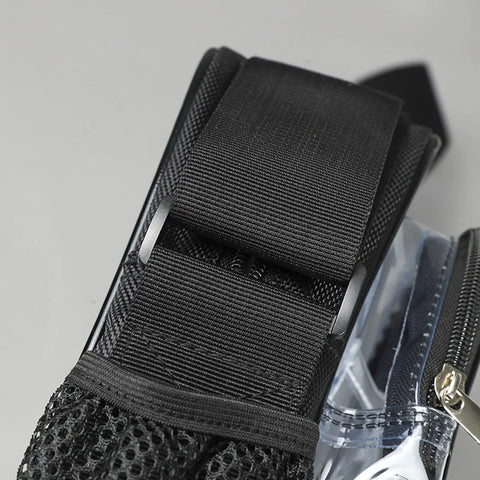 Adjustable black strap of the antistatic clear crossbody tool bag for techs to carry gear easily.
