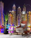 Giant City Night Skyline Wall Mural for Bedroom and Living Room Not Peel and Stick, 7 Piece Silk Finish Panel Set featured in room view.