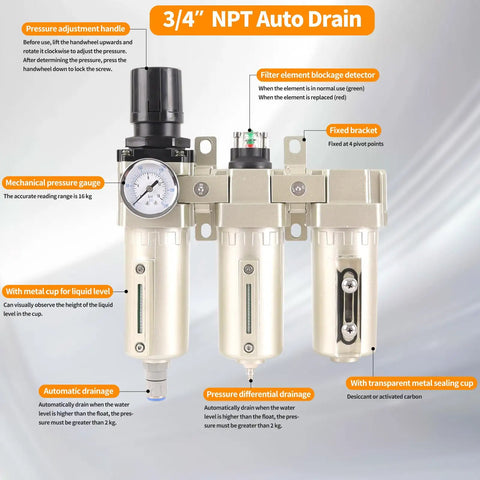Front view of Three Quarter Inch NPT Pro Grade Three Stage Air Dryer System with auto drain and filters for spray paint, plasma cutter.