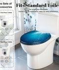 Elongated Blue ocean waves from underwater bubbles Toilet Seat on standard white toilet, featuring adjustable hinges and resin construction.