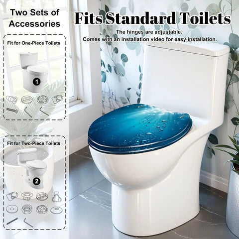Elongated Blue ocean waves from underwater bubbles Toilet Seat on standard white toilet, featuring adjustable hinges and resin construction.