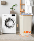 100L Collapsible Laundry Basket With Lid Waterproof Oxford Fabric Bamboo Frame With 2 Removable Laundry Bags beside washer