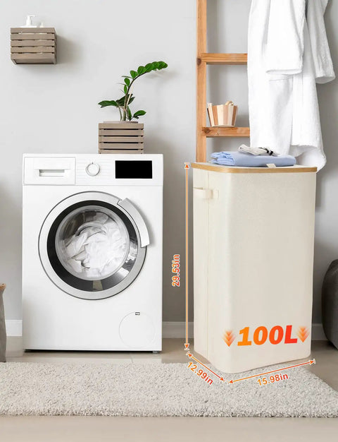 100L Collapsible Laundry Basket With Lid Waterproof Oxford Fabric Bamboo Frame With 2 Removable Laundry Bags beside washer